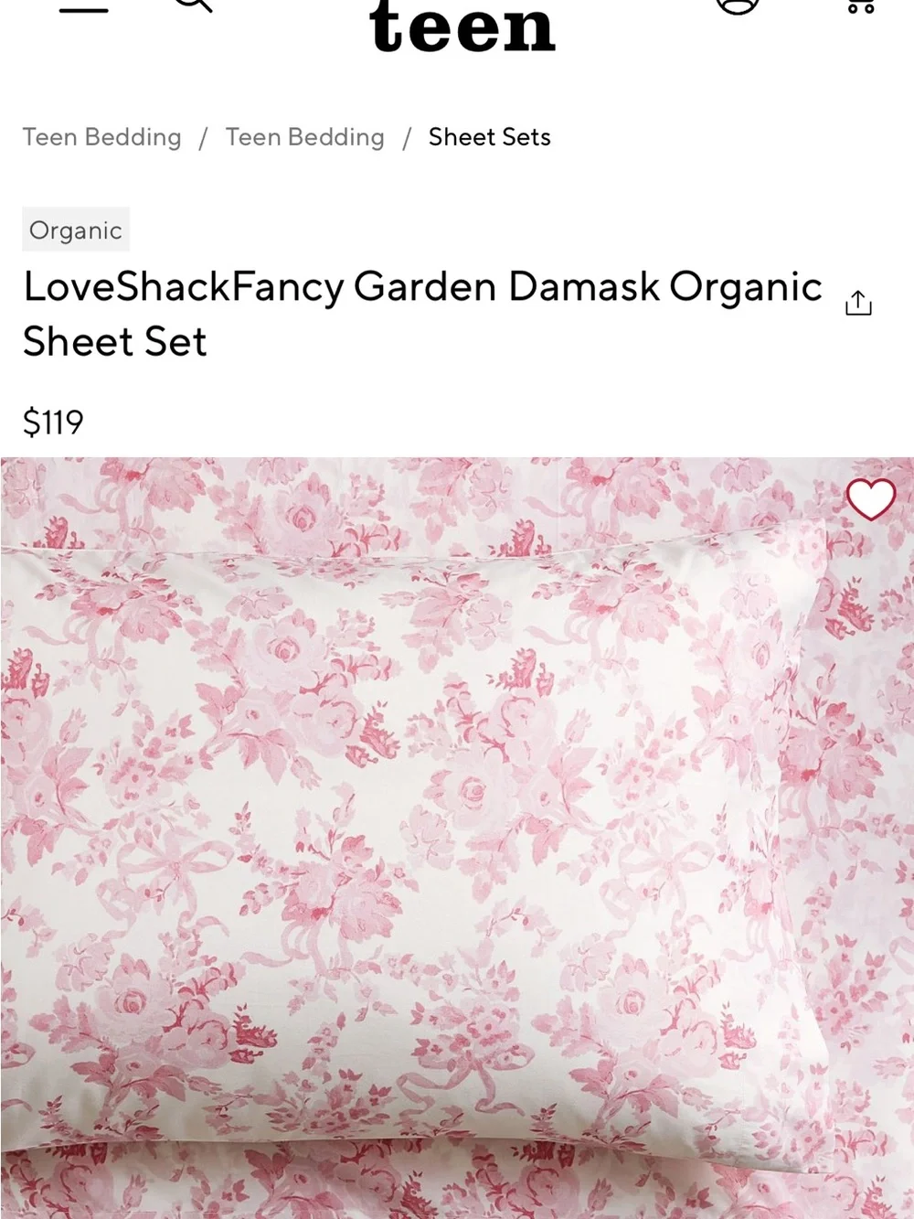 LoveShackFancy x Pottery Barn Teen Garden Damask Full Sheets Pink 3 Piece